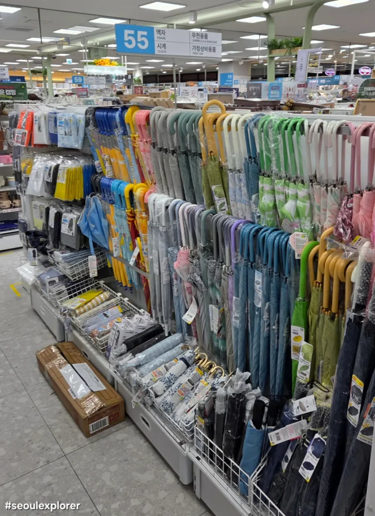 A variety of affordable umbrellas at a Daiso store in Seoul
