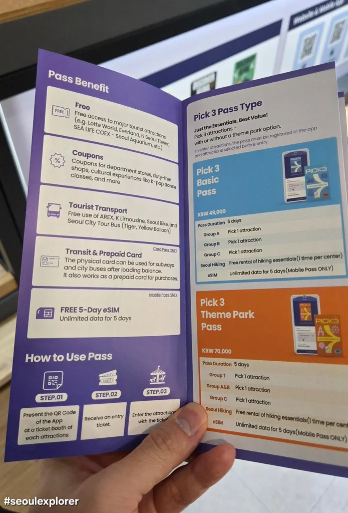 Detailed benefits and Pick 3 pass types of Discover Seoul Pass