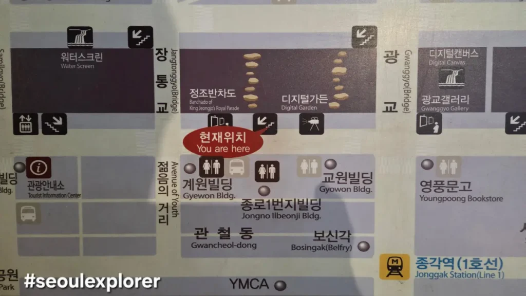 Map showing public restrooms near Jonggak Station in Seoul