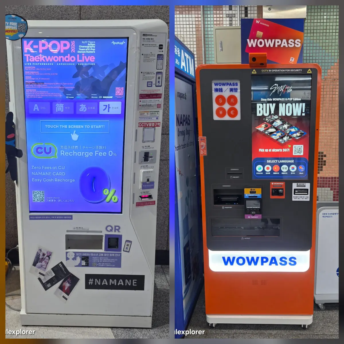 Side-by-side comparison of NAMANE and WOWPASS kiosks in Seoul subway