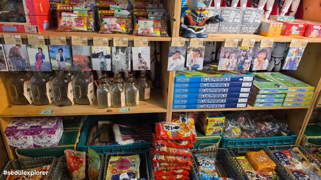 Retro Korean snacks and board games on shelves